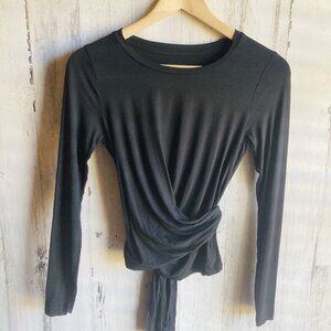 NWOT Three Dots Wrap Knit Top XS Black Tee Long Sleeve Sash Belted Jersey Knit